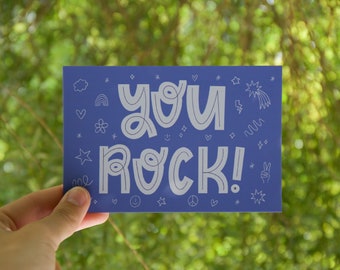 You Rock Postcard. Purple Postcard. Cute Snail Mail. Friendly Card. Illustrated Greeting Card. Doodle Message.