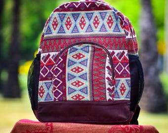 Handgemaakte geweven rugzak: boho tribal veganistische dagrugzak