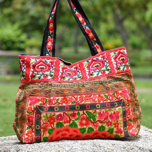Beach Tote Bag for Women Blue Bird Hmong Tribe Embroidered Tote Bag Large Size with Pom Pom Straps BG301BLUB Bohemian Tote Bag