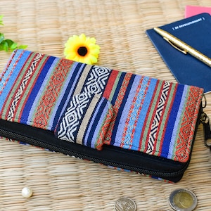 Boho Wristlet Wallet Card Holder - Ikat Hippie Clutch Purse, Bi-Fold Travel wallet Purse, Woven Fabric Wallet,Vegan Wallet Teacher Gifts