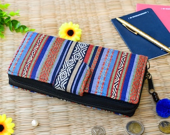 Porta-cartões Boho Wristlet Wallet - Ikat Hippie Clutch Purse, Bi-Fold Travel Wallet Purse, Carteira de tecido, Carteira vegana Presentes para professores
