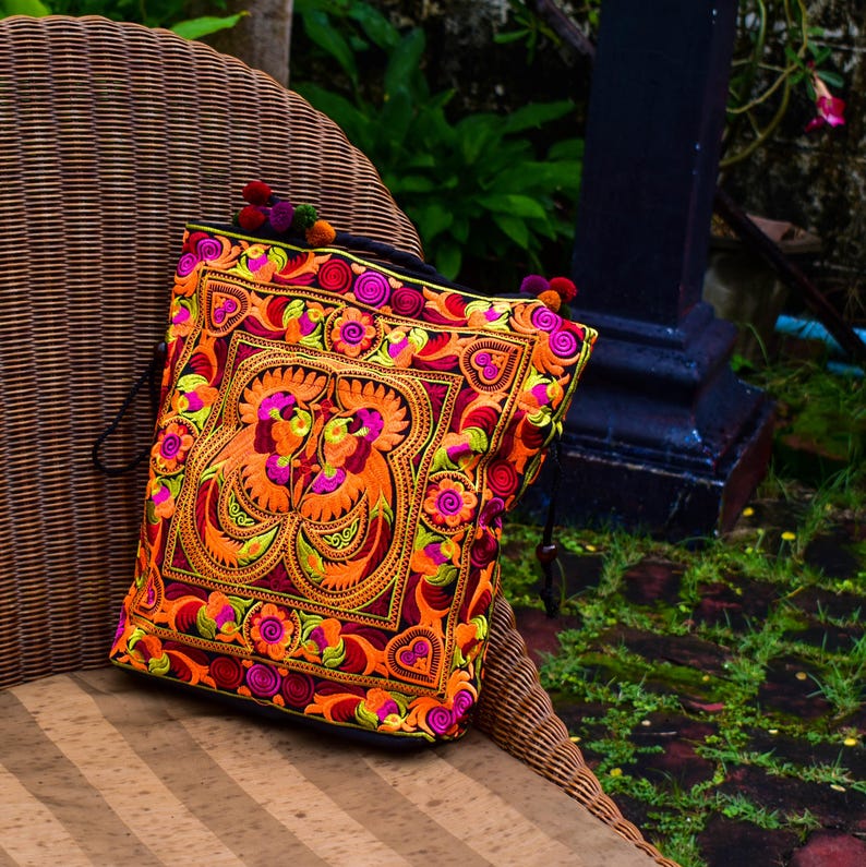 Embroidered Floral Tote Bag, Hmong Woven Shoulder Bag image 5