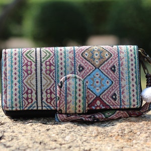 Carteira porta-cartão de crédito estilo Boho - bolsa clutch vegana, carteira de pulso para iphone, presente feminino para ela, porta-cartão de visita bifold