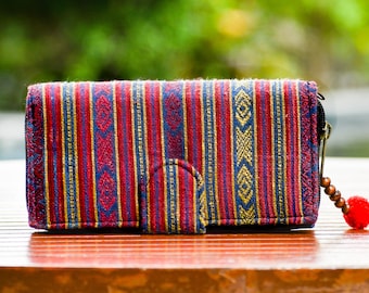 Carteira porta-cartões de pulso, estilo tribo tailandesa, carteira de mão boho, capa carteira fofa para celular, carteira vegana, carteira de tecido. Presente hippie