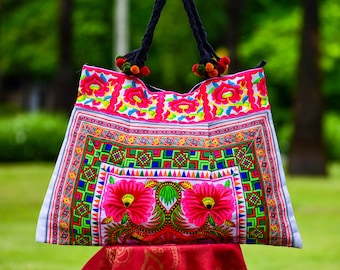 Floral Shopping Bag, Embroidered Tote Bag, Pink Flowers Tote Bag , Hippie Tote Bag, Shopping Bag, Hmong Bag, Boho Bag, Woven Handbag,