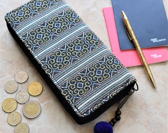 Bohemian Womens wallet coin purse & pom pom charm - Boho Clutch Women's wallet,Geometric Boho chic Purse,Iphone wallet Vintage Style