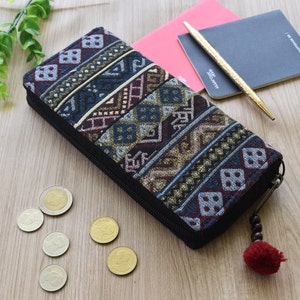 Cartera de tela con patrón geométrico, Cartera de algodón azul, Cartera hippie, Cartera tailandesa, Cartera boho, Cartera larga para teléfono, Cartera étnica