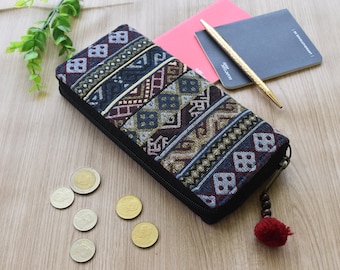 Portefeuille en tissu avec motif géométrique, portefeuille en coton bleu, portefeuille hippie, sac à main thaïlandais, portefeuille Boho, portefeuille de téléphone long, portefeuille ethnique