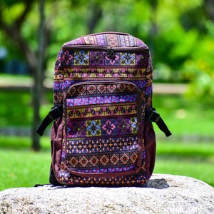 Bucket Backpack Hippie Style Aztec pattern, Purple Hue - large fabric Backpack, School backpack, Music Festival bag, Backpack purse