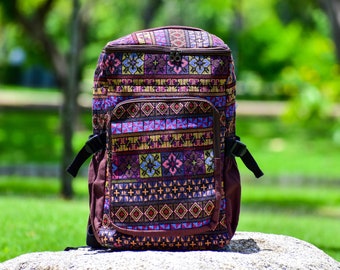 Bucket Backpack Hippie Style Aztec pattern, Purple Hue - large fabric Backpack, School backpack, Music Festival bag, Backpack purse