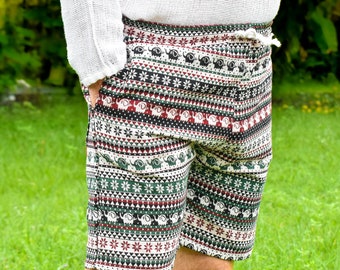 Pantalones cortos bohemios unisex de algodón tejido: estampado geométrico de tribus montañeras tailandesas