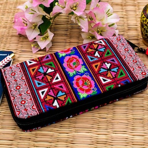 Tissu géométrique bohème zippé pour femme - Portefeuille végétalien unique, portefeuilles bohèmes pour femme, sac à main hippie fait main, pochette pour femme