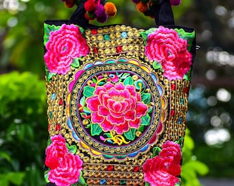Large Floral Bag, Embroidered Shoulder Bag, Green Flowers Tote Bag , Hippie Tote Bag, Shopping Bag, Hmong Bag