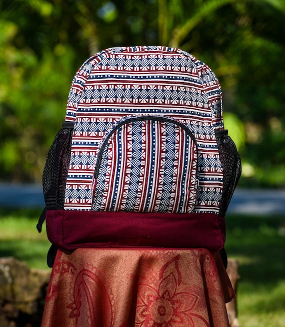 Burgundy Canvas Backpack with Patterned Front Pocket Rateoe Vintage Burgundy Pattern Durable Canvas Backpack for  main image 4