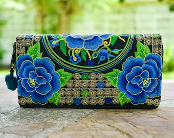 Blue Hmong Fabric Wallet, Embroidery Flowers, Hippie Wallet, Floral  Wallet, Flower Purse, Boho Wallet, Cotton Wallet, Thai Purse