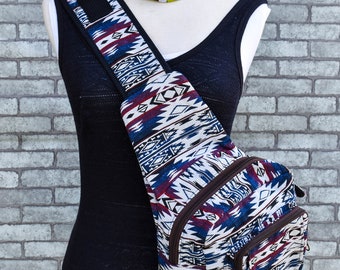Bohemian Tribal Sling Backpack with Front Pockets and Adjustable Strap - Handmade Aztec Crossbody Bag for Hippie Style