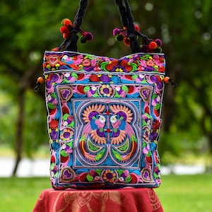 Bolsa de ombro Hmong, bolsa Hmong, bolsa colorida, bolsa tote bordada, bolsa de compras, bolsa tribal, bolsa tailandesa, amante de pássaros, bolsa tote para festivais