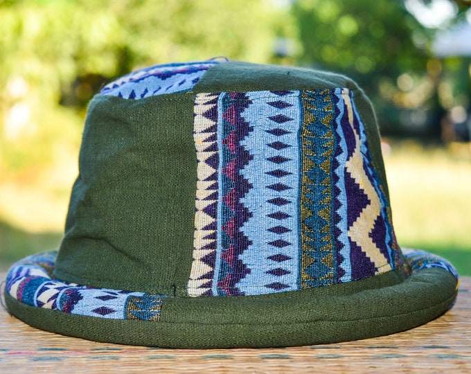 Bucket Hat Festival Hat Ethnic Style Green and Blue Roll Etsy