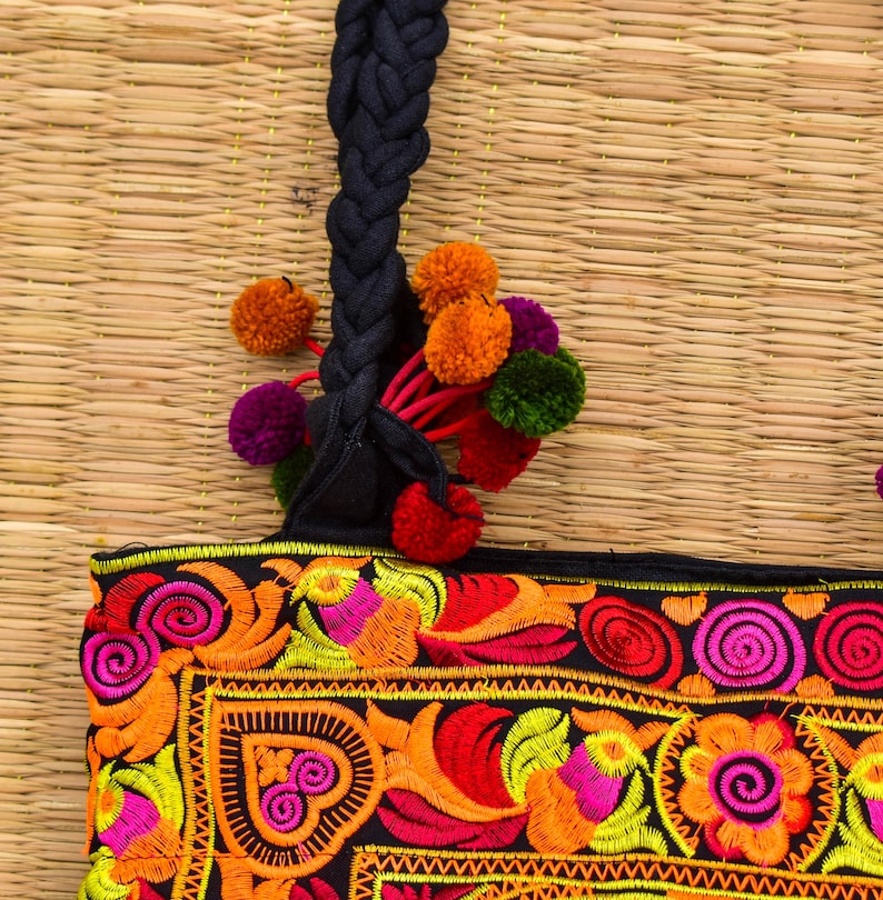 Embroidered Floral Tote Bag, Hmong Woven Shoulder Bag image 7