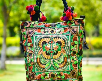 Bolso de mano bordado, bolso grande hmong, bolso de hombro, bolso amarillo brillante, bolso de compras, bolso tribal, bolso tailandés, bolso con pompones para festivales