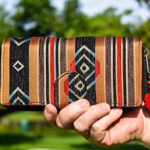 Cartera de muñeca con tarjetero estilo tribu tailandesa, bolso de mano bohemio, bonita funda tipo billetera para teléfono, monedero vegano, billetera de tela plegable.