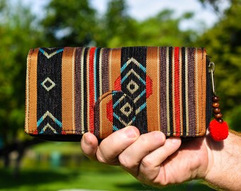Carteira da tribo Thai Hill: bolsa de tecido boho com alça de pulso, carteira para cartão de crédito, bolsa colorida, presente hippie