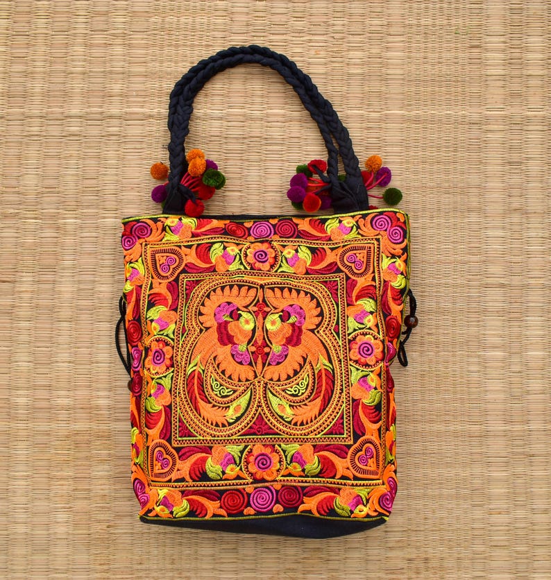Embroidered Floral Tote Bag, Hmong Woven Shoulder Bag image 6