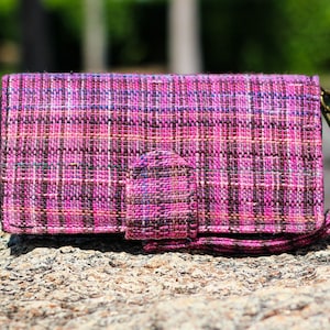 Wristlet Wallet Card Holder Hippie Chic- Billetera de tarjeta de tela, Billetera tejida Boho, Linda billetera vegana, Única, Billetera étnica tailandesa, Bolso rosa