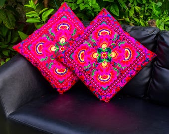 Hmong Embroidered Pillow Cover from Thailand, Handcrafted Boho Pillow, Decorative Ethnic Cushion Cover, 17" x 17".