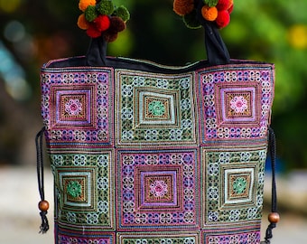 Large Floral Bag, Embroidered Shoulder Bag, Green Flowers Tote Bag , Hippie Tote Bag, Shopping Bag, Hmong Bag