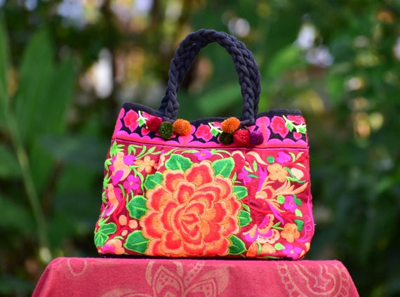 Embroidered Hmong Tote Bag: Colorful Boho Handbag with Pompoms