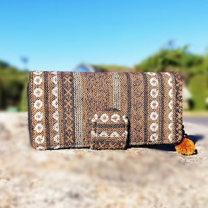 Porte-portefeuille de carte de crédit tissé brun, sac à main Boho Clutch, portefeuille en tissu tissé Thai Hill Tribe Long, portefeuille végétalien pour femmes, cadeau pour maman