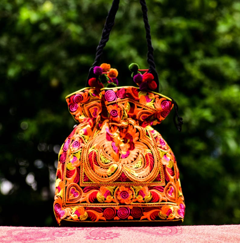 Embroidered Floral Tote Bag, Hmong Woven Shoulder Bag image 3