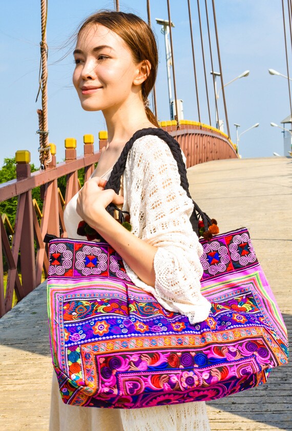 Large Embroidered Lotus Market Bag w/ Pompoms Large Embroidered Lotus Market Bag w/ Pompoms