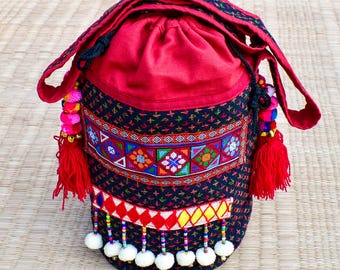 Thai Woven Crossbody Bag: Boho Hippie Purse with Pom Poms