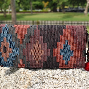 Carteras para mujeres estilo tribal nativo americano - Bolso de embrague vegano, Billetera vegana del suroeste, Billetera de tela geométrica, Billetera con cremallera hecha a mano