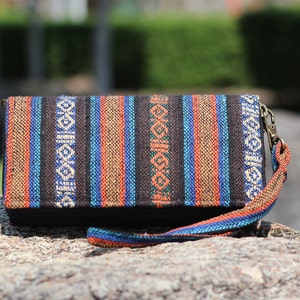 Cartera larga de tela, tarjetero, tarjeta de pulsera, soporte Hippie Ikat rayas, monedero bandolera monedero, bolso bolso de embrague, cartera tejida de tela