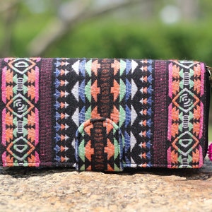 Porte-cartes portefeuille à bracelet coloré - Portefeuille Boho, portefeuille de téléphone Bi Fold, portefeuilles végétaliens géométriques, cadeaux pour enseignants, portefeuille mignon fait à la main