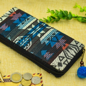 Billetera con cremallera para mujeres, tribal, billetera vegana funky, monedero de embrague de tela, billetera para teléfonos inteligentes, billetera geométrica, billetera para iphone, billetera Hipster