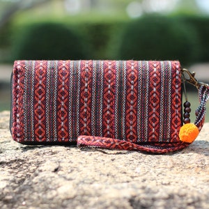 Monedero de viaje estilo hippie, cartera de mano para mujer, cartera de tela tejida, carteras Ikat para mujer, regalo de cumpleaños hippie, cartera con cremallera