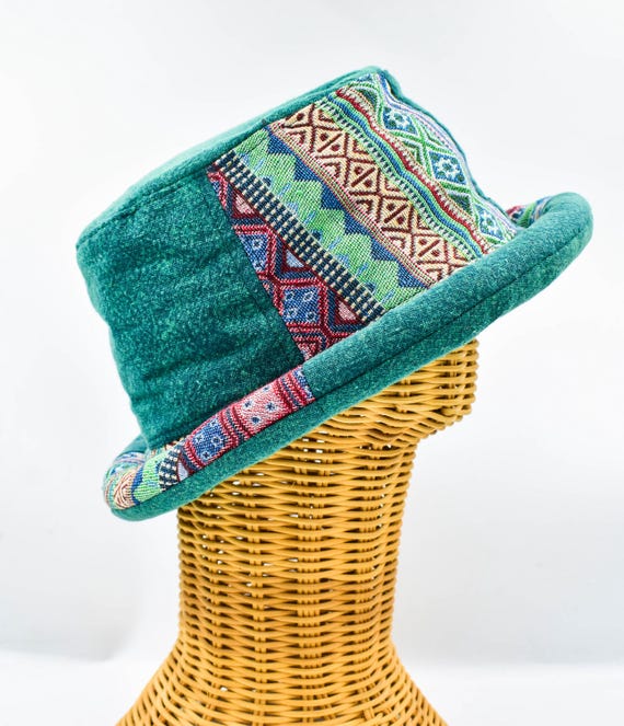 Roll Brim Bucket Hat: Green Tribal Festival Hat