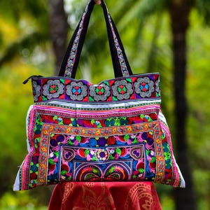 Extra große Blumen-Einkaufstasche, gestickte Schultertasche, blaue Blumen, Hippie-Einkaufstasche, Einkaufstasche, Hmong-Tasche, Boho Tasche, gewebte Handtasche,