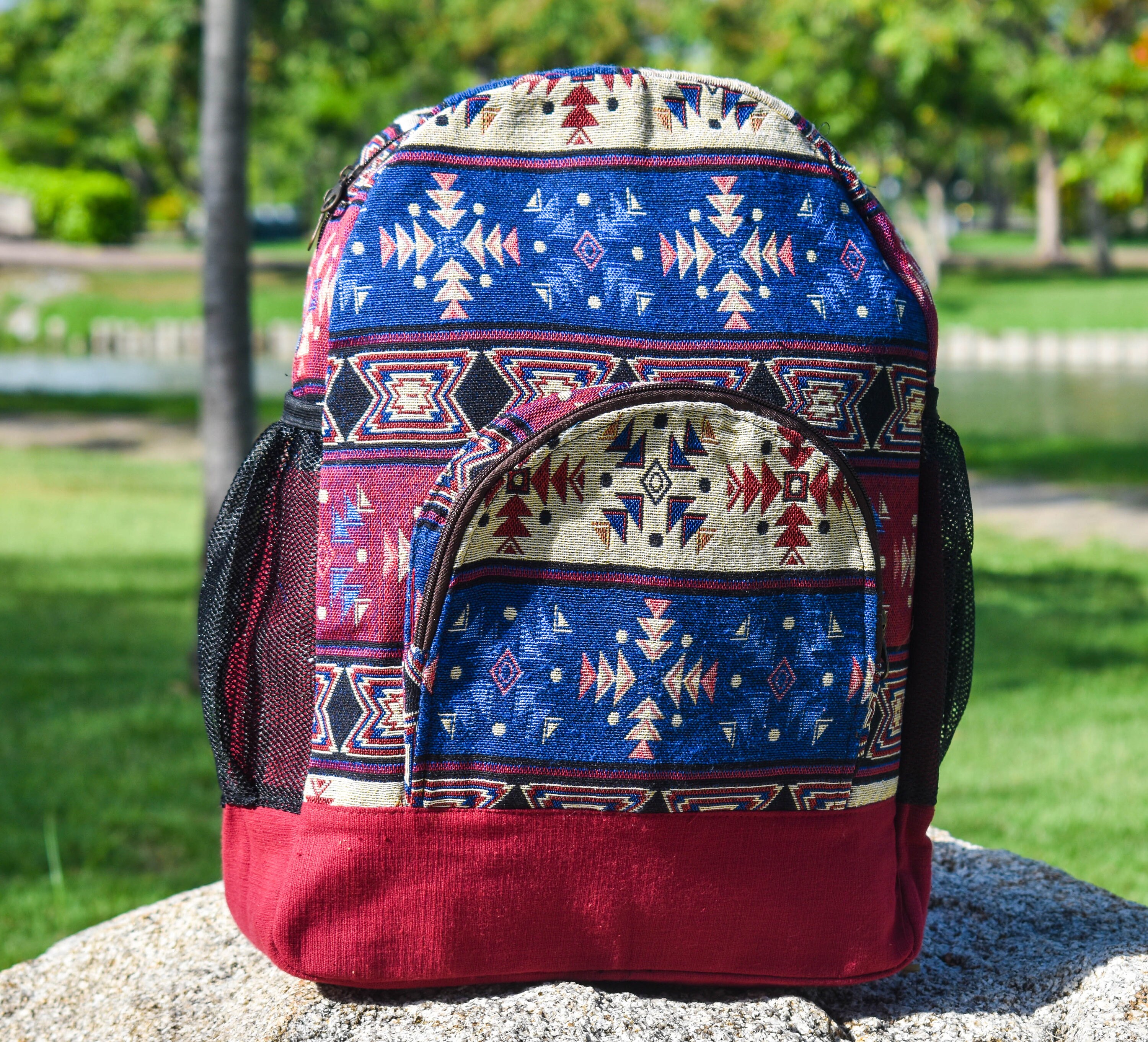 Tapestry Backpack Thick Multicolor Aztec Hippie Boho Drawstring Hippie Canvas Women Backpack Purse- Boho Style Ethnic  main image 3