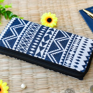 Cartera de algodón de Tailandia, cartera azul y blanca, monedero de mujer, cartera de regalo, cartera de tela vegana, cartera de viaje geométrica, comercio justo