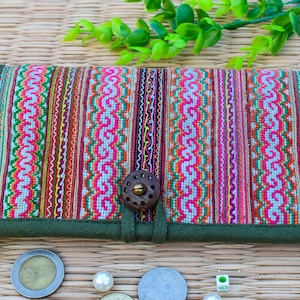 Cartera étnica con cremallera para monedas, cartera hippie, cartera plegable, cartera para teléfono, monedero colorido, cartera bohemia de algodón, regalo tailandés.