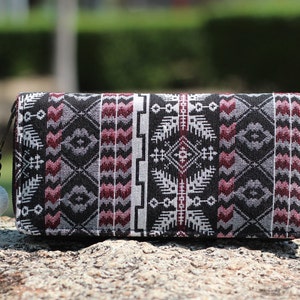 Billetera de tela Southwestern Tribal Womens, 8 titulares de tarjetas de crédito, teléfono inteligente y monedas - Billetera de cremallera de tela, Billetera hecha a mano para mujeres