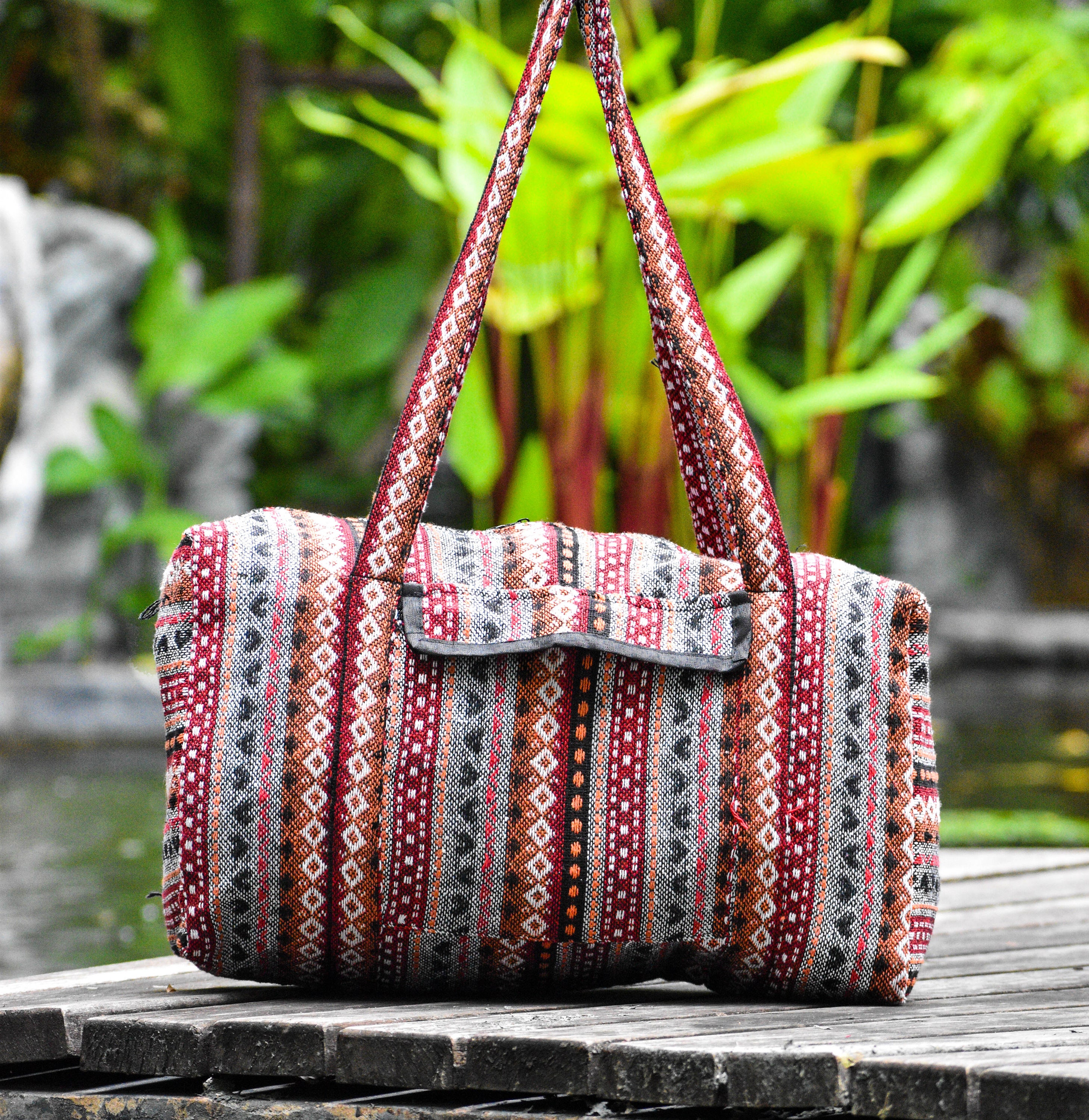 Tribal Woven Weekender Bag: Bohemian Travel Duffle with Zip Pocket