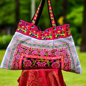 Embroidered Shopping Bag, Large Tote Bag, Shopping Bag, Floral Tote HandBag, Hippie Shoulder Bag, Thai Bag, Hmong Bag, Colorful Tote Bag,