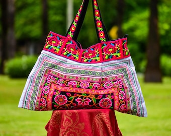 Embroidered Shopping Bag, Large Tote Bag, Shopping Bag, Floral Tote HandBag, Hippie Shoulder Bag, Thai Bag, Hmong Bag, Colorful Tote Bag,