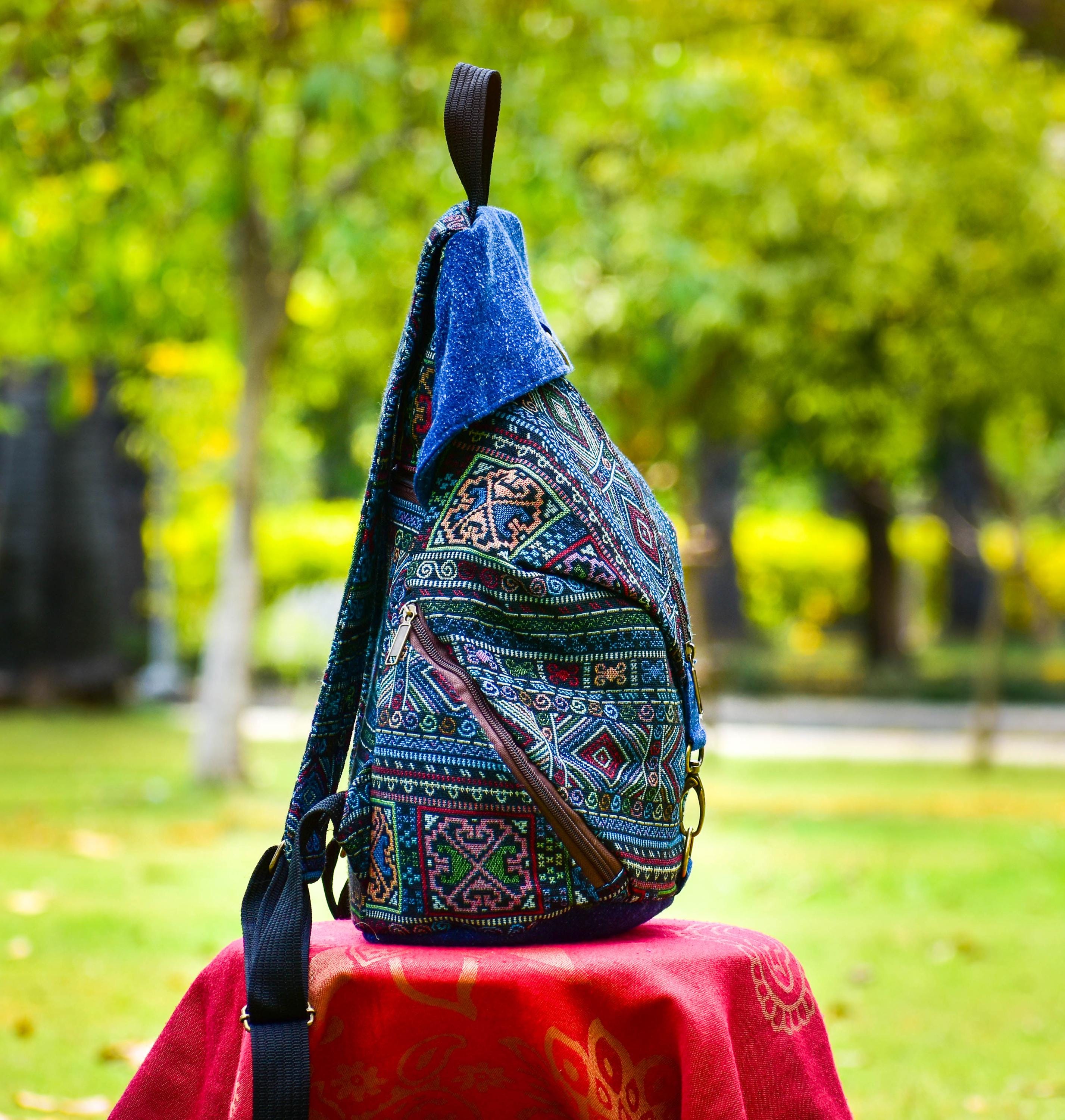 Handmade Woven Backpack Leather Trim Boho Tribal Stripe Ethnic Rucksack Nice! Handmade Tribal Backpack: Ethnic Woven Rucksack With Leather  main image 3
